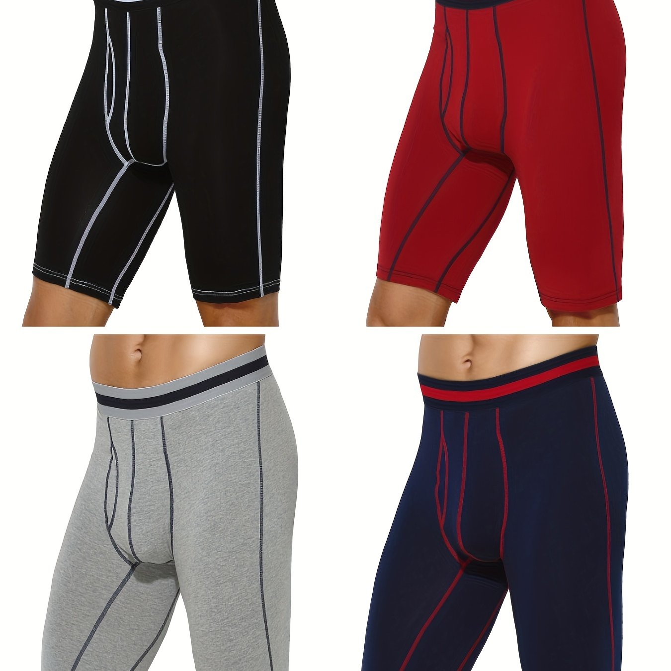 4 pairs - Men's Cotton Boxer Briefs with Open Fly Pouch - Long Leg - Slimming Shapewear - Moisture Wicking &amp; Breathable - Ideal for Sports &amp; Cycling - Stretchy Support in Black, White, Red, Navy