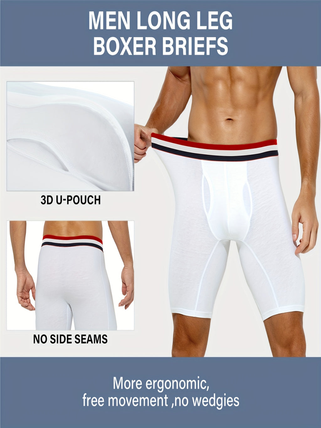 4 pairs - Men's Cotton Boxer Briefs with Open Fly Pouch - Long Leg - Slimming Shapewear - Moisture Wicking &amp; Breathable - Ideal for Sports &amp; Cycling - Stretchy Support in Black, White, Red, Navy