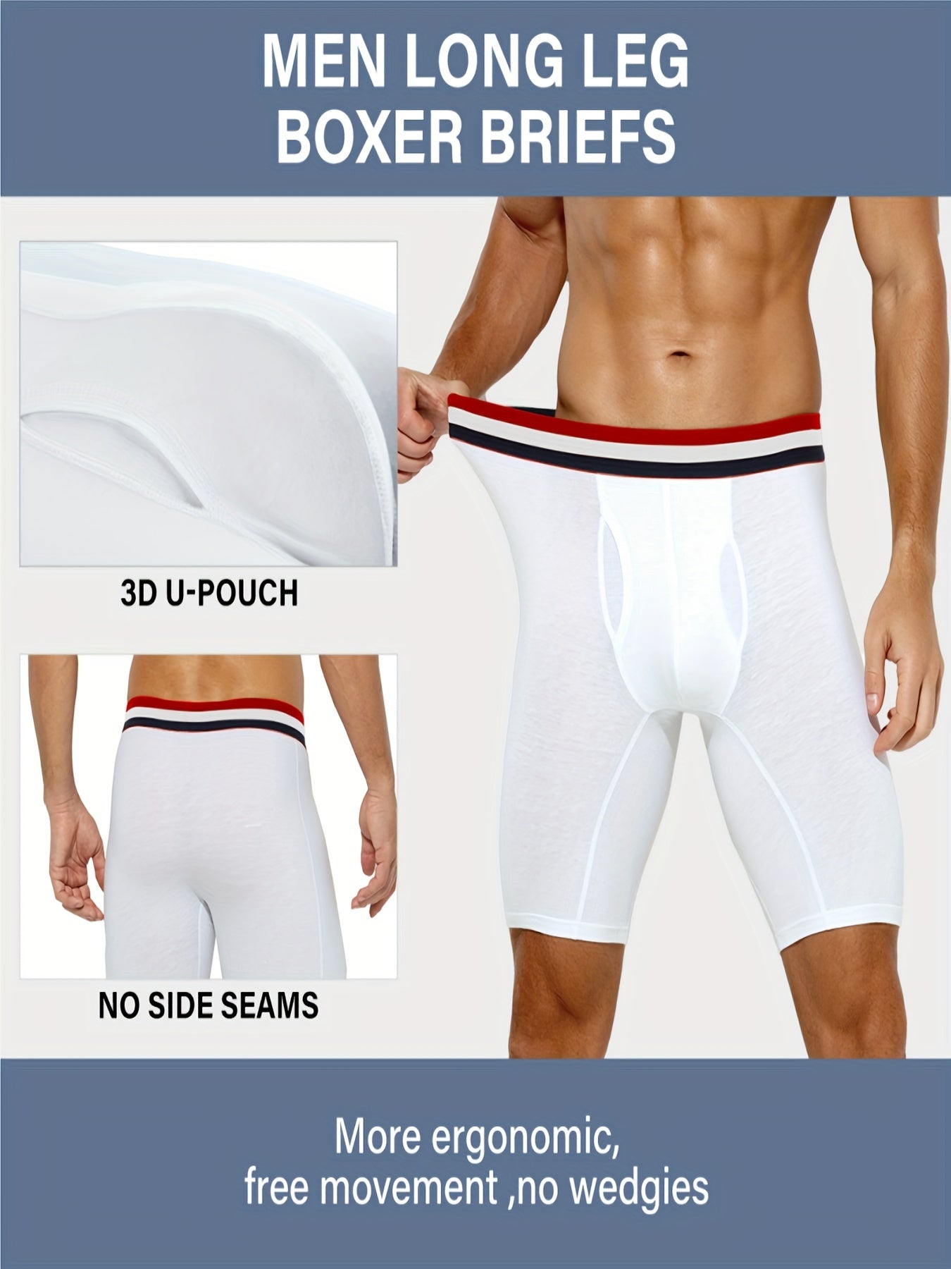 4 pairs - Men's Cotton Boxer Briefs with Open Fly Pouch - Long Leg - Slimming Shapewear - Moisture Wicking &amp; Breathable - Ideal for Sports &amp; Cycling - Stretchy Support in Black, White, Red, Navy