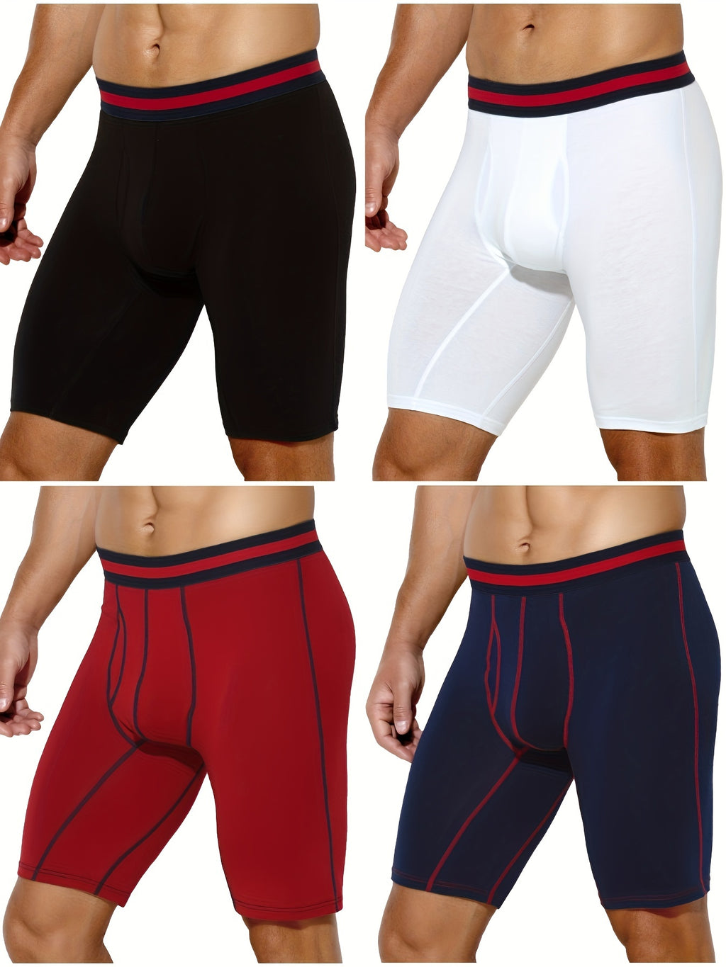 4 pairs - Men's Cotton Boxer Briefs with Open Fly Pouch - Long Leg - Slimming Shapewear - Moisture Wicking &amp; Breathable - Ideal for Sports &amp; Cycling - Stretchy Support in Black, White, Red, Navy