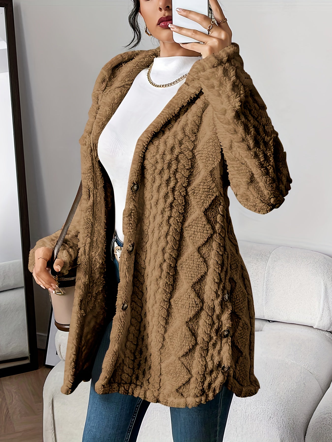 Jacquard Plush Hooded Cardigan Coat