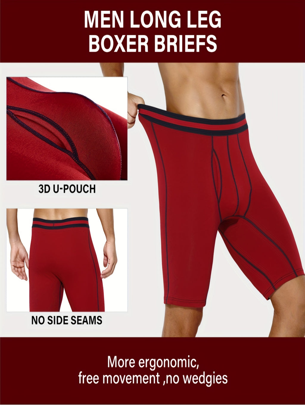 4 pairs - Men's Cotton Boxer Briefs with Open Fly Pouch - Long Leg - Slimming Shapewear - Moisture Wicking &amp; Breathable - Ideal for Sports &amp; Cycling - Stretchy Support in Black, White, Red, Navy