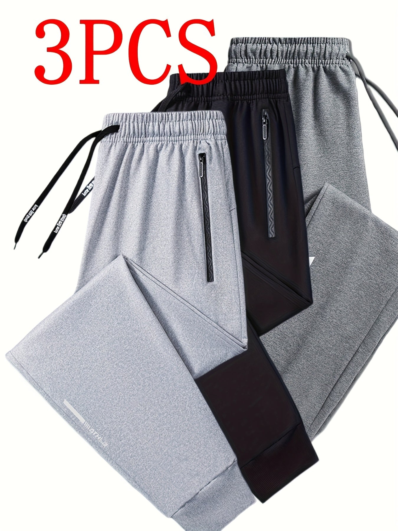 3 pairs - Men's Athletic Pants - Stretch Joggers with Zippered Legs, Elastic Drawstring Waist - Gym, Casual, Outdoor - All-Season Loose Fit Trousers - Heavy-Duty for Everyday &amp; Formal Wear - Ideal Gift for Men, Jogging Pants, Soft