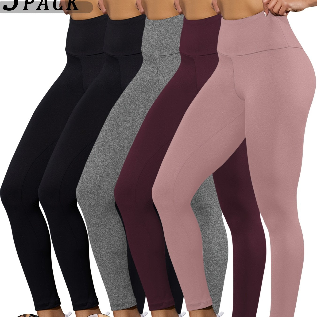 5 pairs - Super Soft Leggings for Women - High Waisted Tummy Control - No See Through Workout, Yoga, Running, Pants Leggings