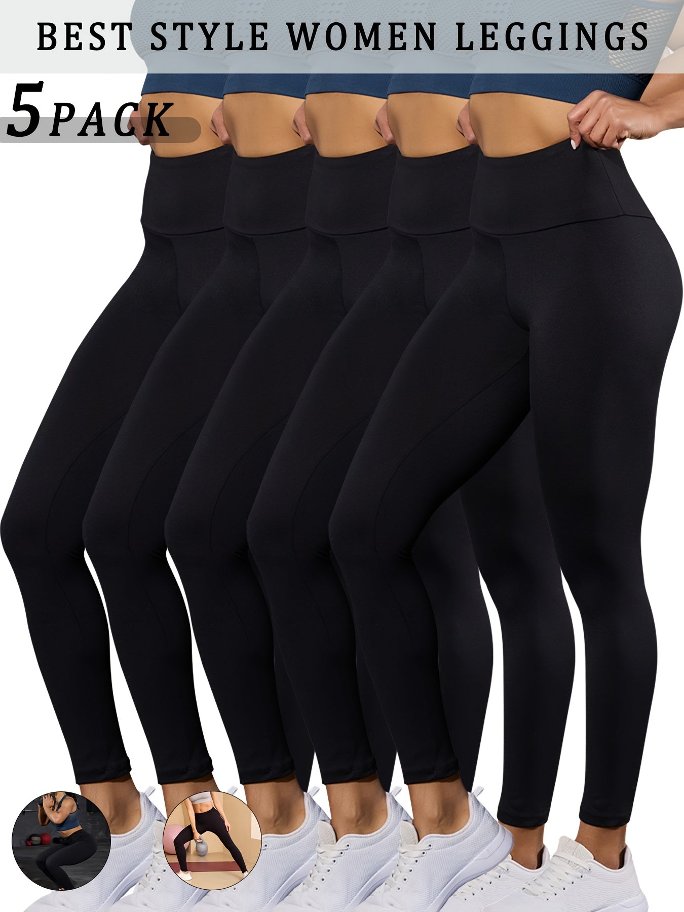 5 pairs - Super Soft Leggings for Women - High Waisted Tummy Control - No See Through Workout, Yoga, Running, Pants Leggings