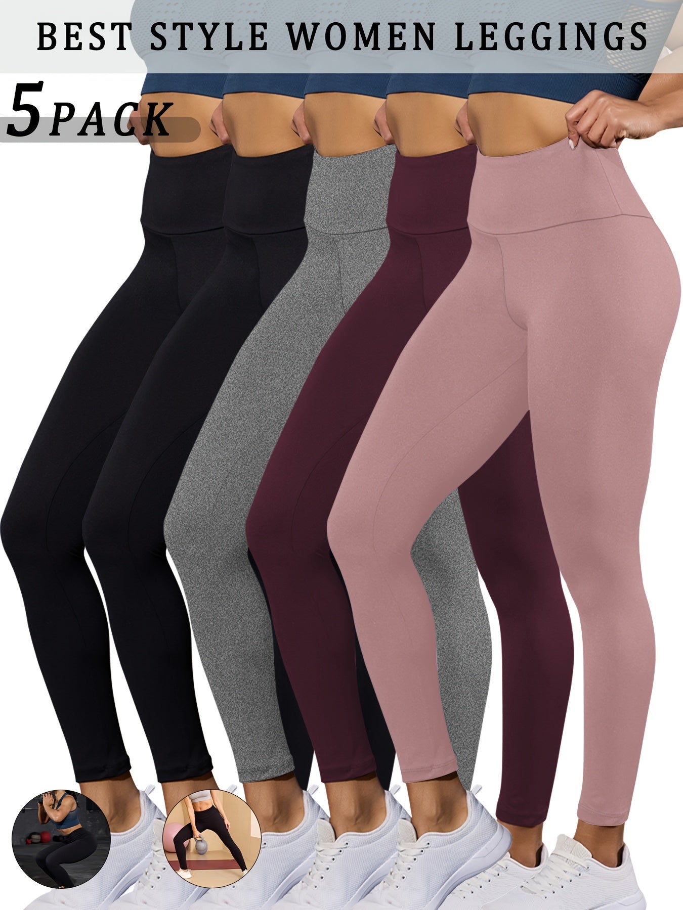5 pairs - Super Soft Leggings for Women - High Waisted Tummy Control - No See Through Workout, Yoga, Running, Pants Leggings
