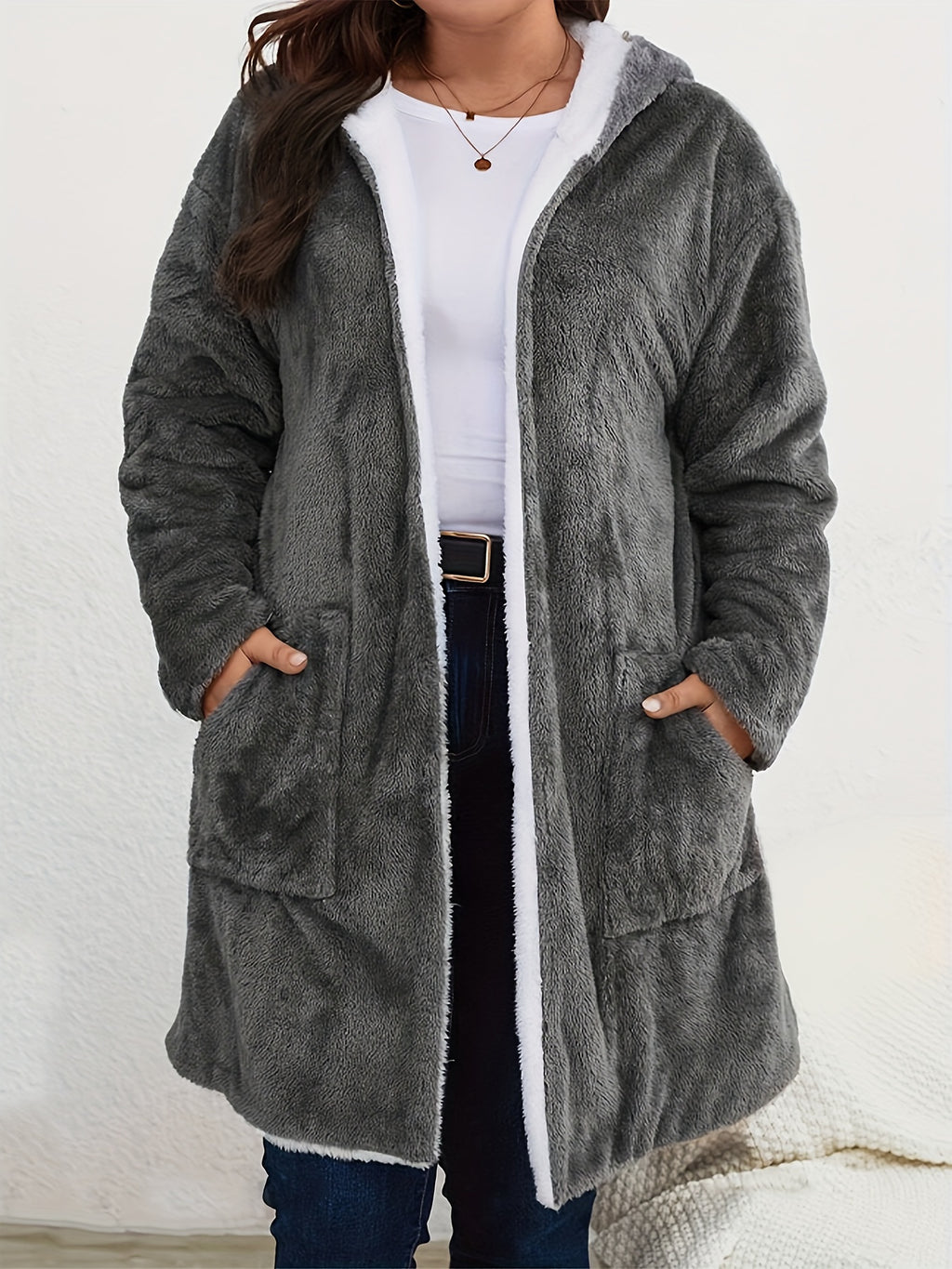 Women's Plus Size Plush Hooded Jacket - Oversized Coat with Soft Plush Fabric - Machine Washable, Burgundy &amp; White Trim - Mid-Length Long Sleeve Casual Outerwear in a Cozy Warm Jacket