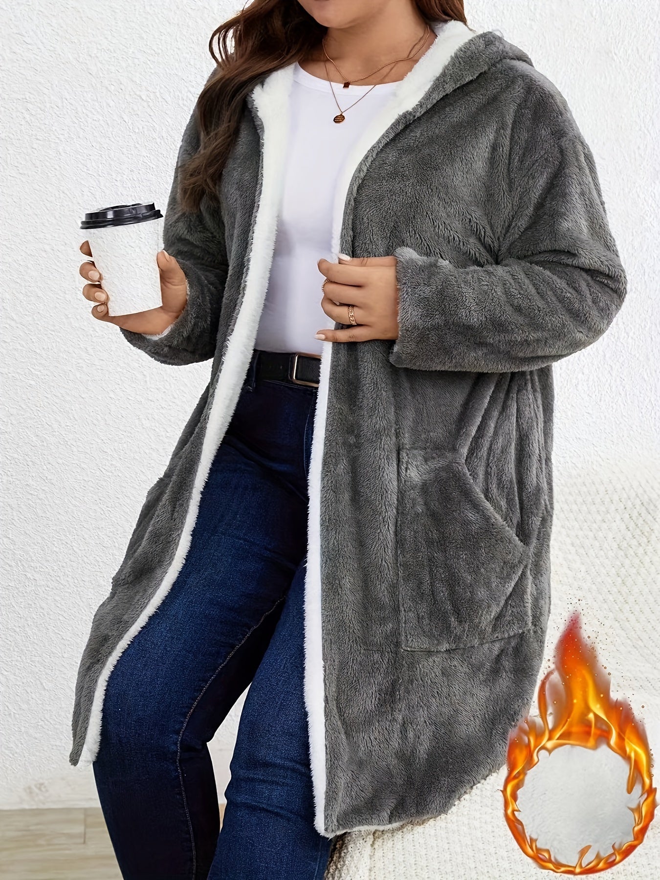 Women's Plus Size Plush Hooded Jacket - Oversized Coat with Soft Plush Fabric - Machine Washable, Burgundy &amp; White Trim - Mid-Length Long Sleeve Casual Outerwear in a Cozy Warm Jacket