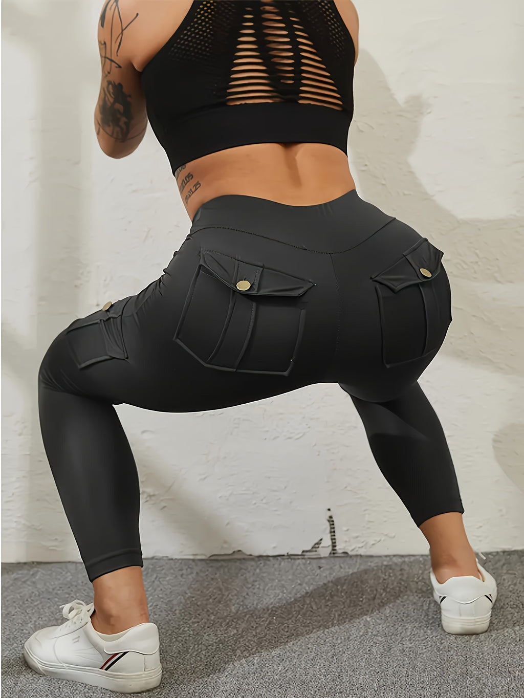 High-Waisted Sports Leggings with Pockets - College-Style Polyester Fabric with Stretch Waist - Yoga Pants - Solid Color Tight Leggings - Plus Size Leggings