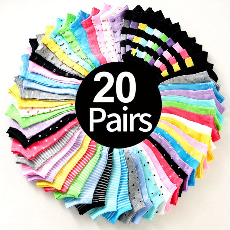 20 Pairs - Women's Heart Pattern Ankle Socks - Soft Breathable, Assorted Geometric &amp; Polka Dot Designs, Assorted Colors, Playful Sock Designs - Comfortable Sock Material