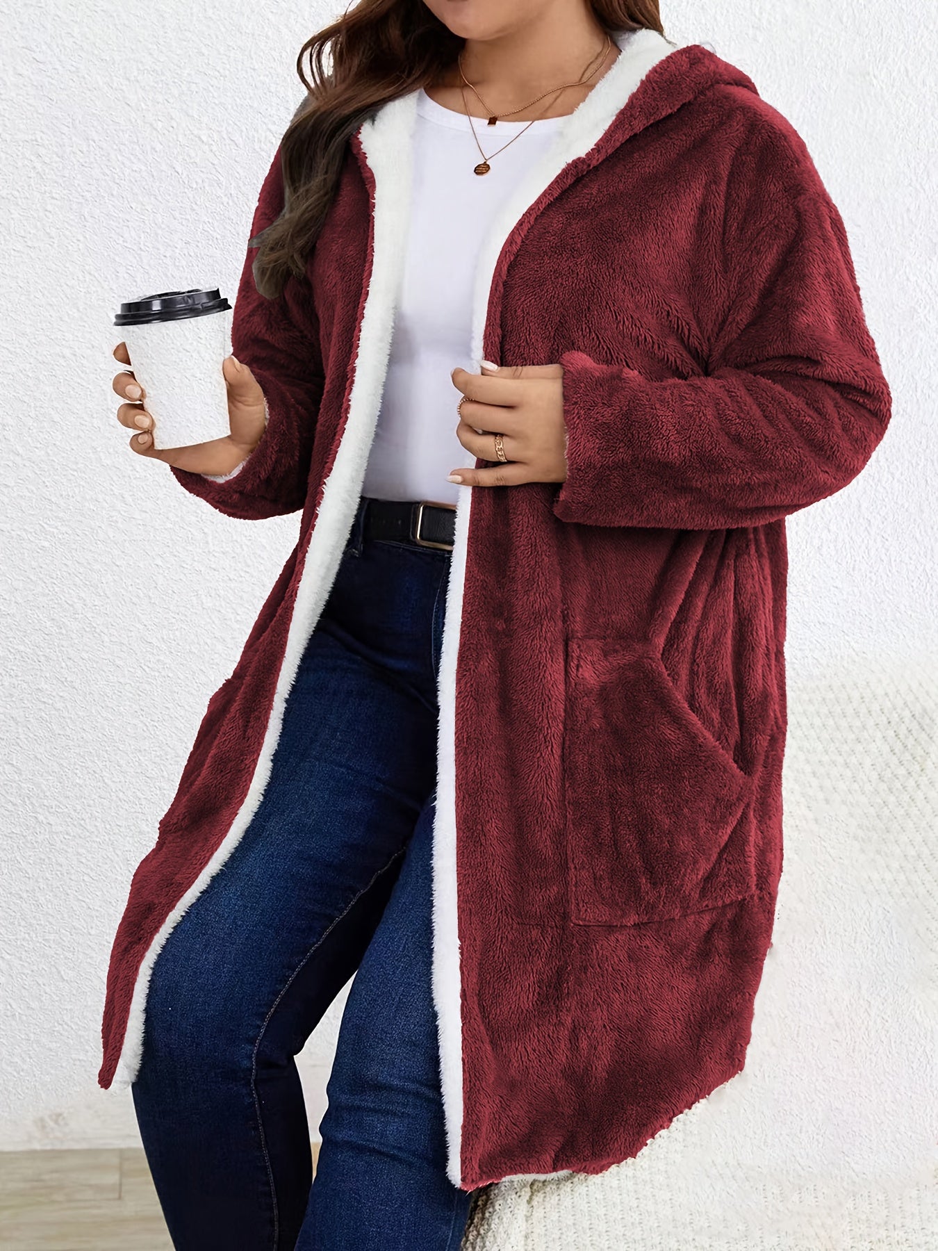 Women's Plus Size Plush Hooded Jacket - Oversized Coat with Soft Plush Fabric - Machine Washable, Burgundy &amp; White Trim - Mid-Length Long Sleeve Casual Outerwear in a Cozy Warm Jacket