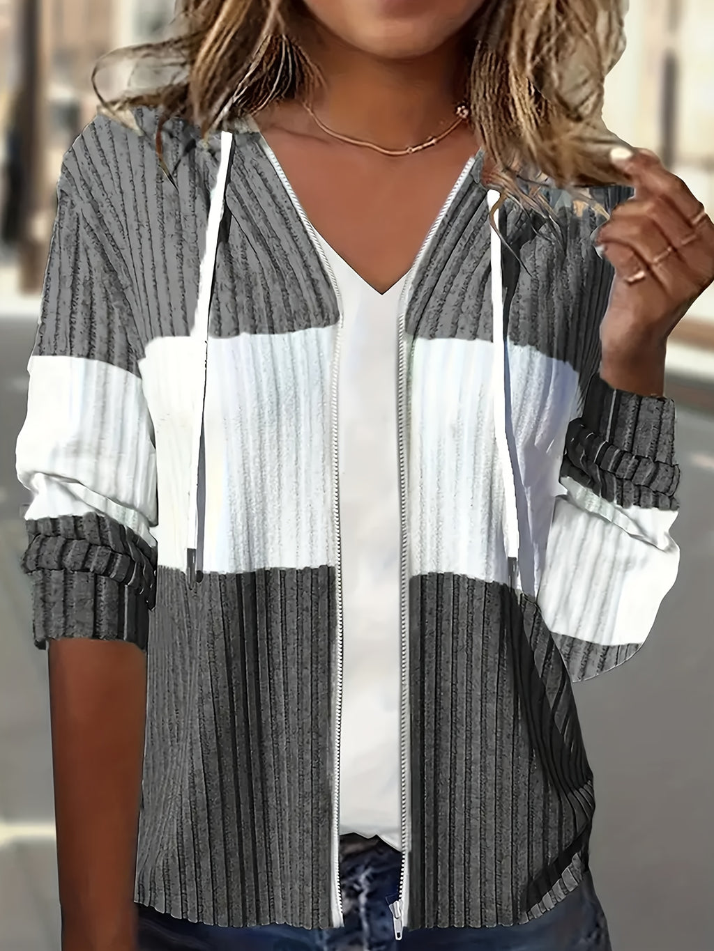 Color Block Zip-up Hoodie Jacket - Casual Long Sleeve Drawstring Ribbed Jacket