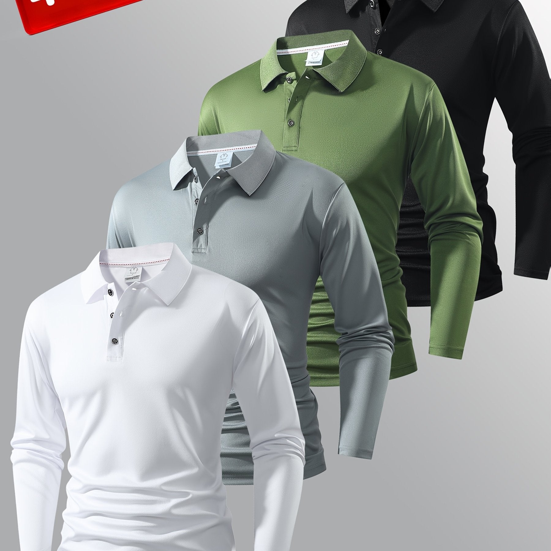4 Men's Long-Sleeved Polo Shirts - Multiple Colors - Classic Solid Color Design - Versatile and Fashionable Men's Polo Collared Shirts