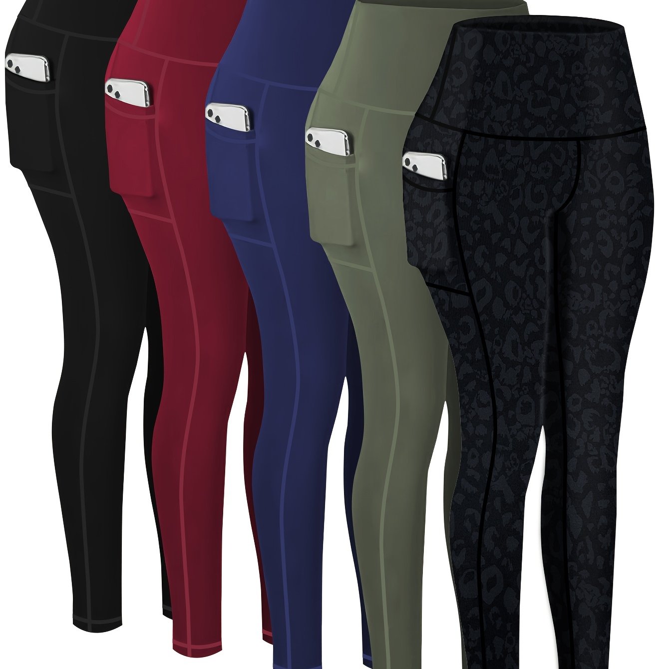 5 pairs - Women's Plus Size Sports Leggings - High-Waisted Cropped Yoga Pants with Pockets - Fitness Running Compression Tights For Women, High-Waisted Cropped Yoga Pants With Pockets, Fitness Running Compression Tights