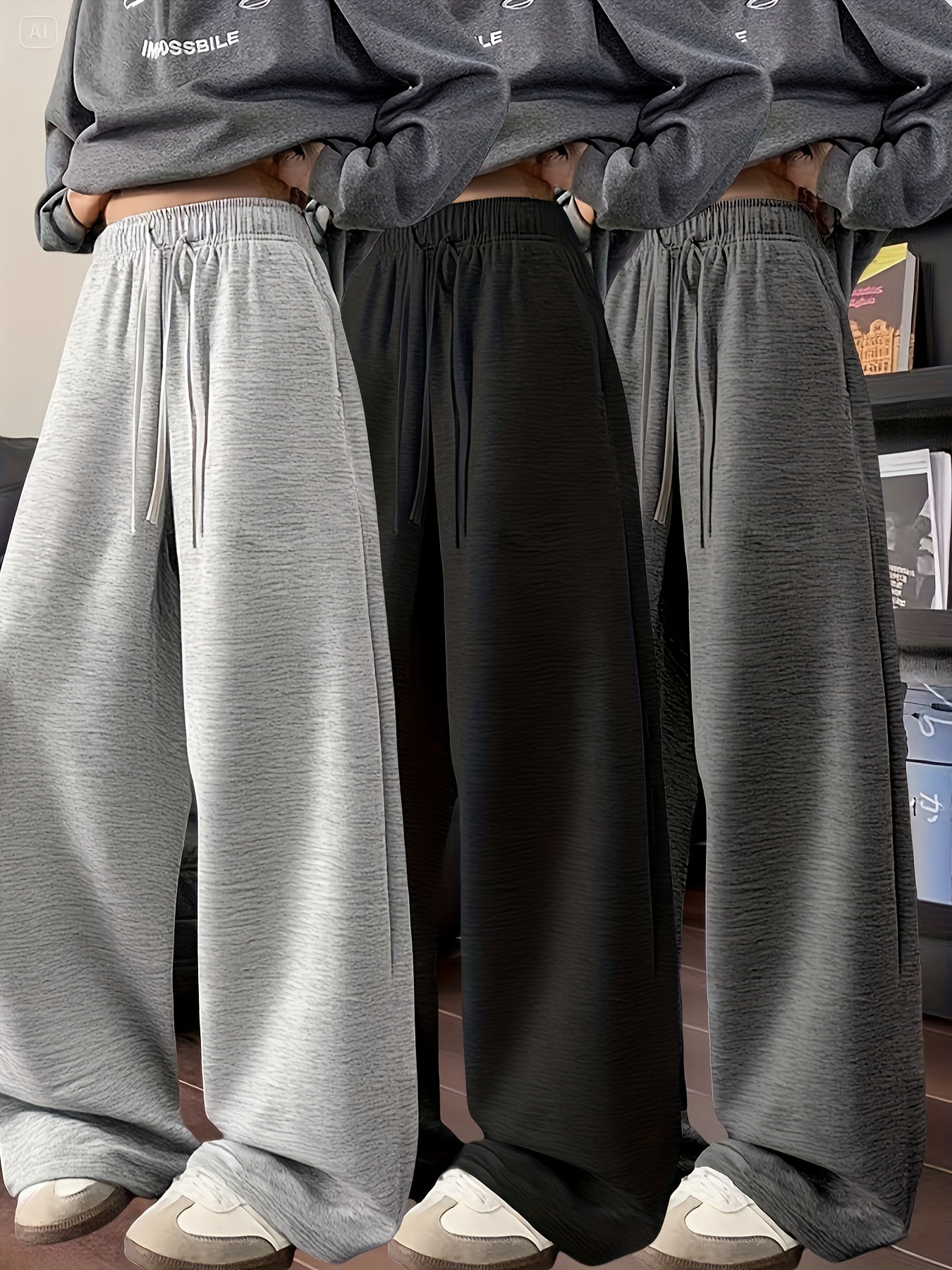 3 pairs - Women's Long Pants Soft Joggers - Loose Fit, Elastic Waist With Drawstring, Two Side Pockets