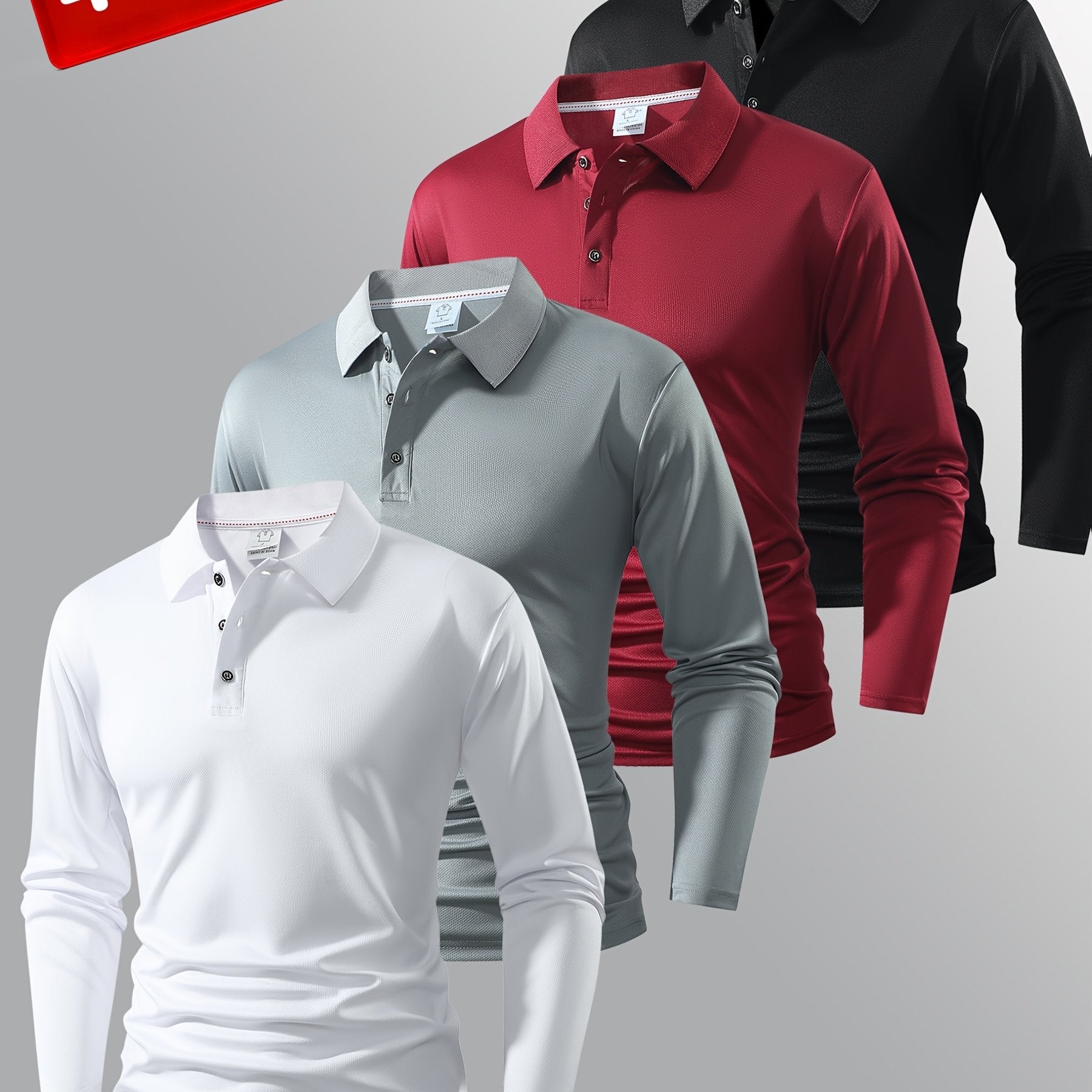 4 Men's Long-Sleeved Polo Shirts - Multiple Colors - Classic Solid Color Design - Versatile and Fashionable Men's Polo Collared Shirts