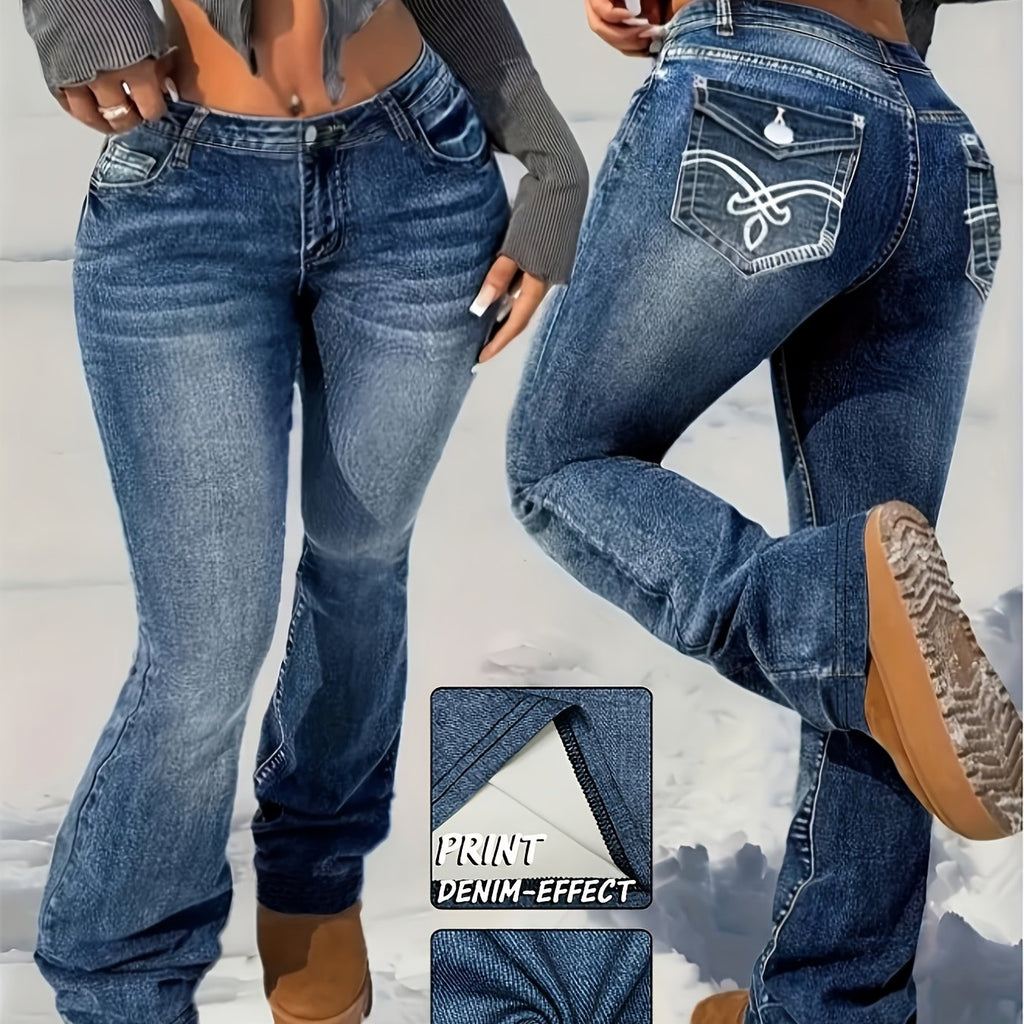 Women's High-Waisted Stretch Imitation Denim Bell-Bottom Jeans