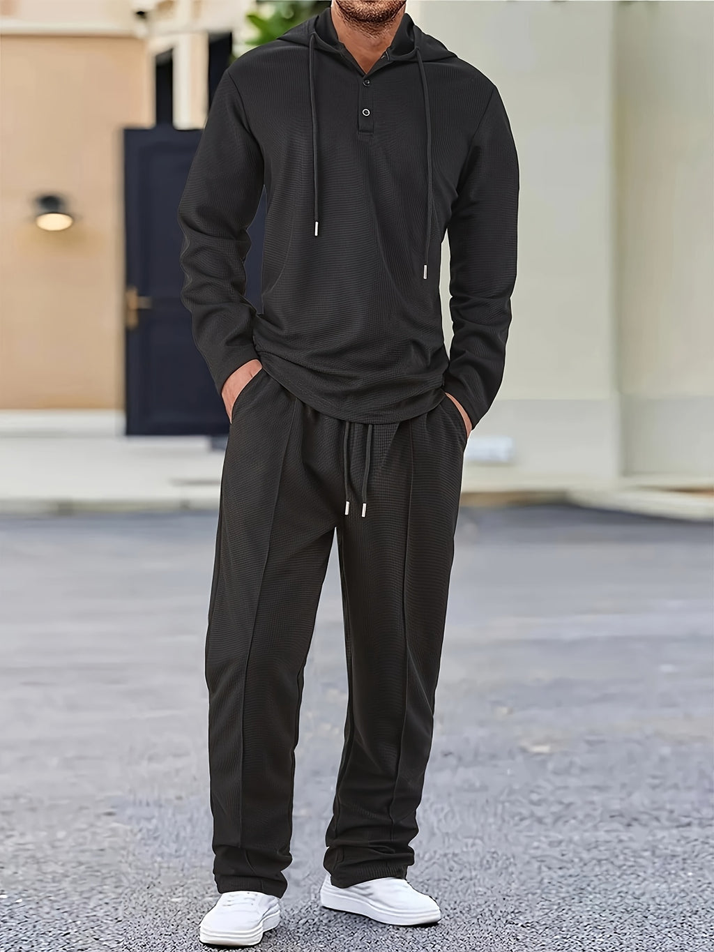 4 pcs - Long-Sleeved Casual Pants Set-- Long-Sleeved Casual Hooded Sweatshirt and Drawstring Pants - Regular Fit - Long-Sleeved Casual Set