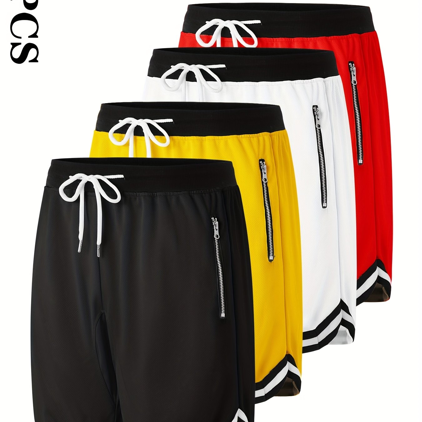 4 pairs - Men's Casual Athletic Shorts with Zipper Pockets - Breathable Polyester, Elastic Waistband with Drawstring, Multi-Color (Black/White/Green/Red) Striped Side Panels for Basketball, Sports &amp; Casual Wear - Machine Washable