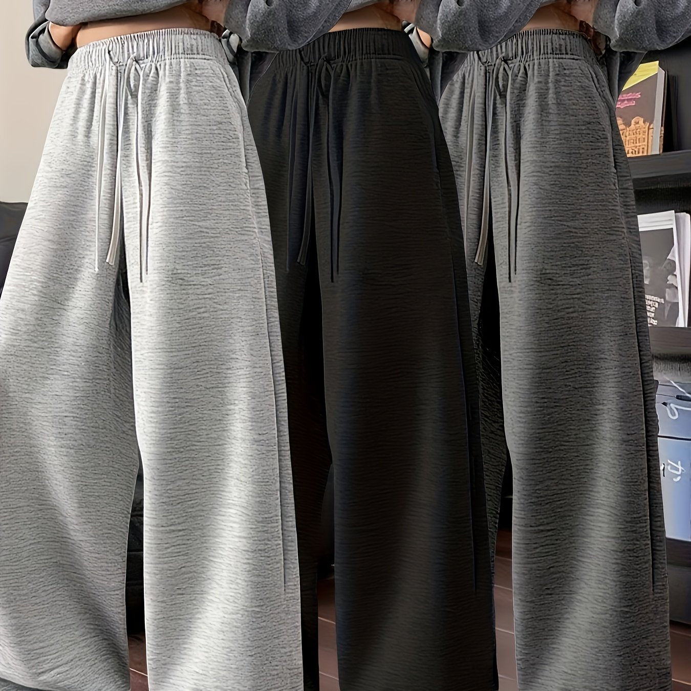 3 pairs - Women's Long Pants Soft Joggers - Loose Fit, Elastic Waist With Drawstring, Two Side Pockets