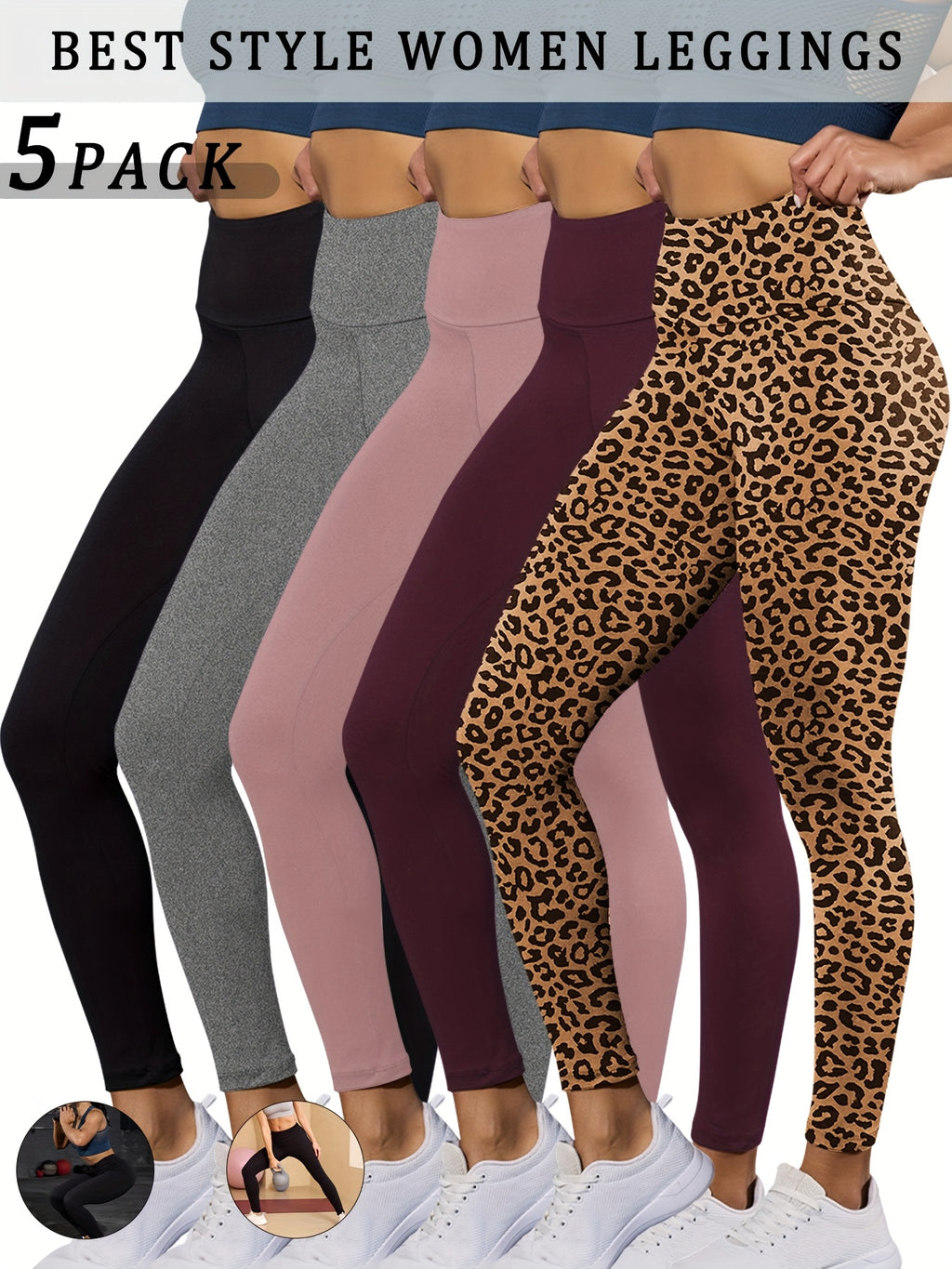 5 pairs - Super Soft Leggings for Women - High Waisted Tummy Control - No See Through Workout, Yoga, Running, Pants Leggings