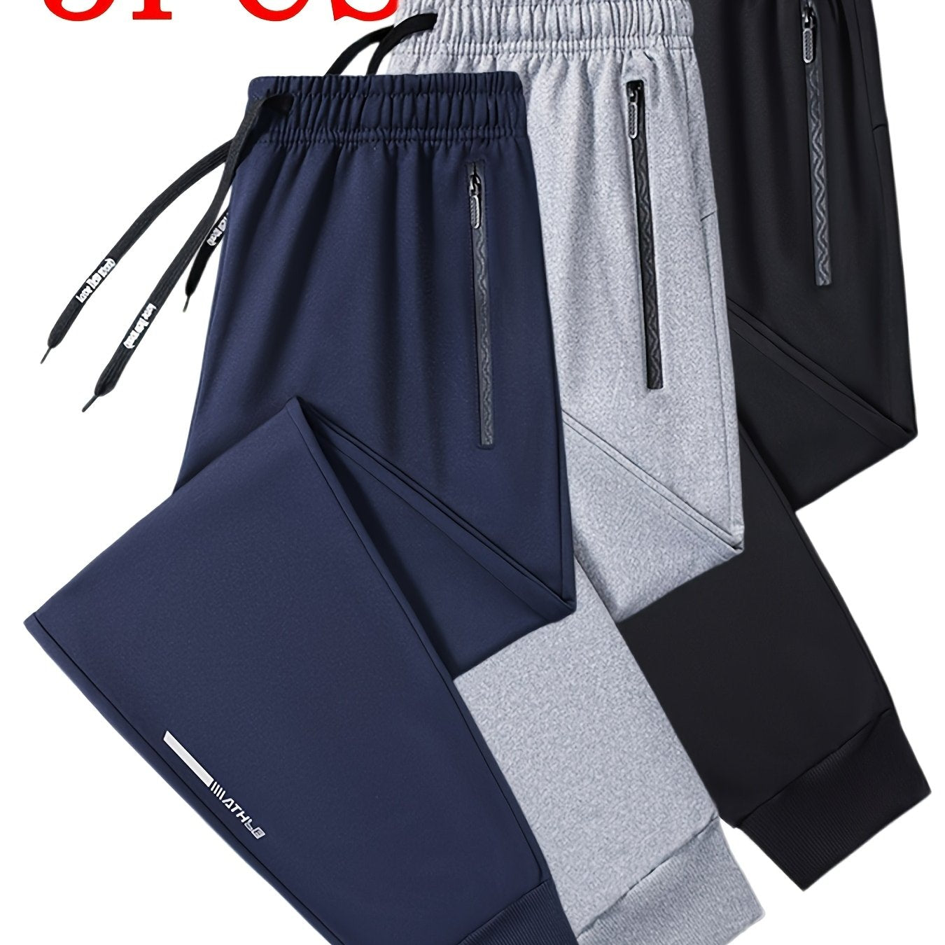 3 pairs - Men's Athletic Pants - Stretch Joggers with Zippered Legs, Elastic Drawstring Waist - Gym, Casual, Outdoor - All-Season Loose Fit Trousers - Heavy-Duty for Everyday &amp; Formal Wear - Ideal Gift for Men, Jogging Pants, Soft