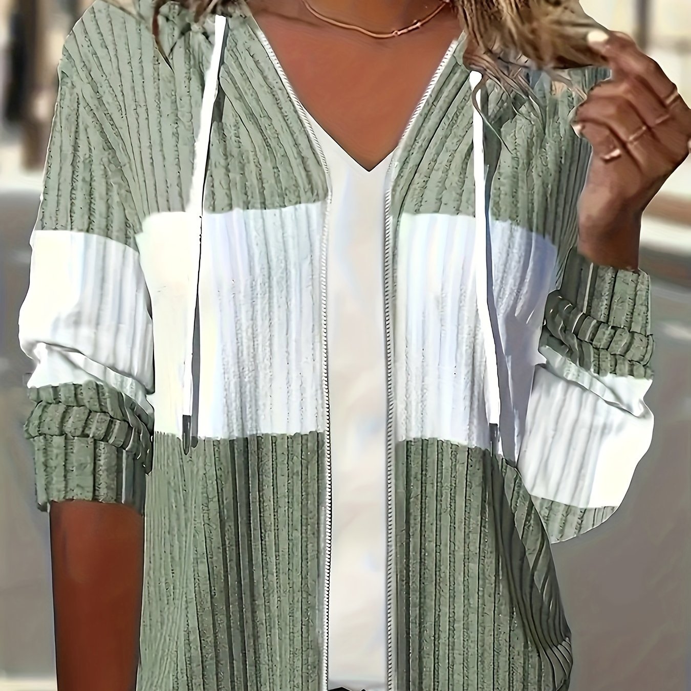 Color Block Zip-up Hoodie Jacket - Casual Long Sleeve Drawstring Ribbed Jacket