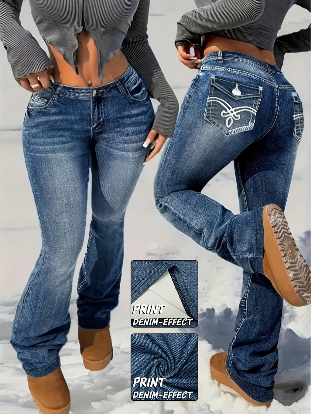 Women's High-Waisted Stretch Imitation Denim Bell-Bottom Jeans